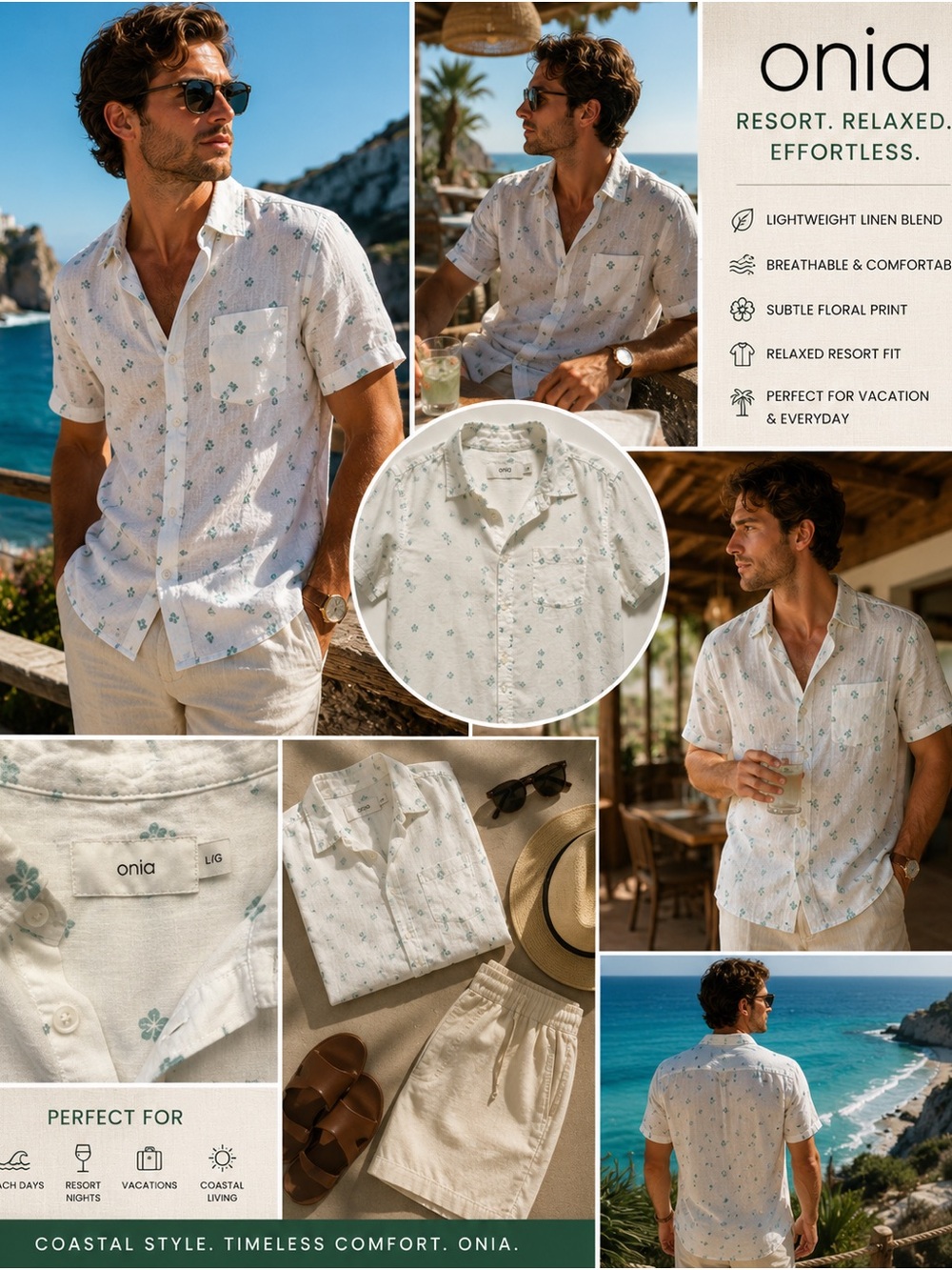 Onia Linen Shirt Large White Floral Resort Beach Camp Vacation Coastal Cabana